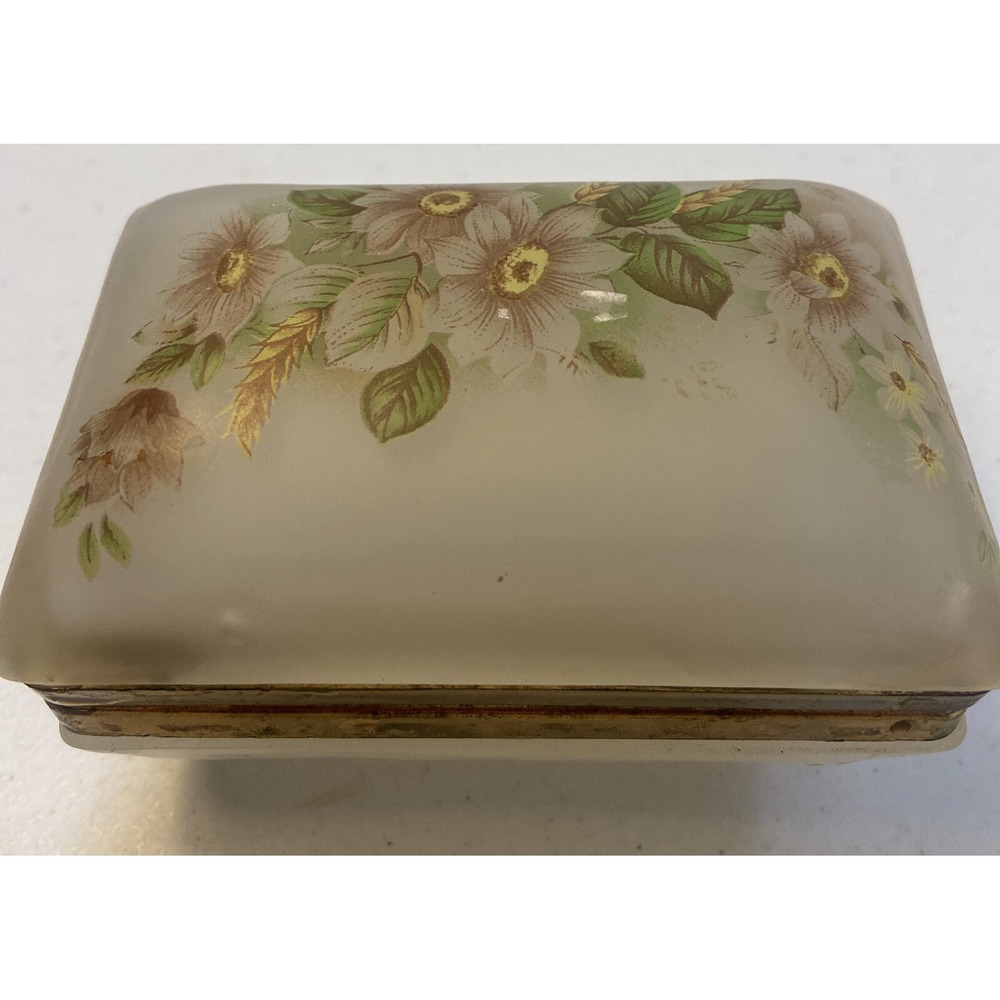 Frosted Glass Jewelry Trinket Box Brass Hinged‎ Lid Floral Vintage Rectangular
